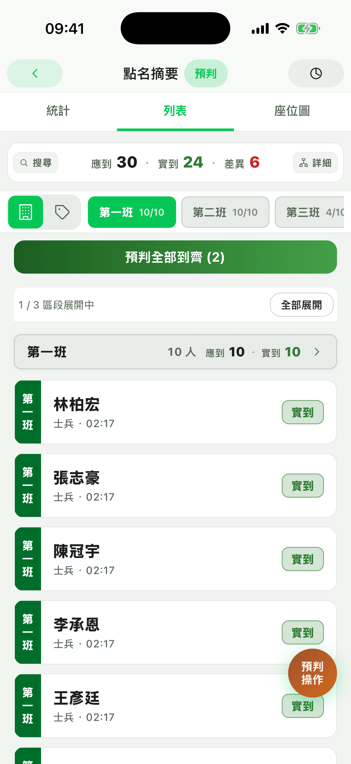 RollSight 點名任務內的列表模式，顯示人員狀態與快速標記入口